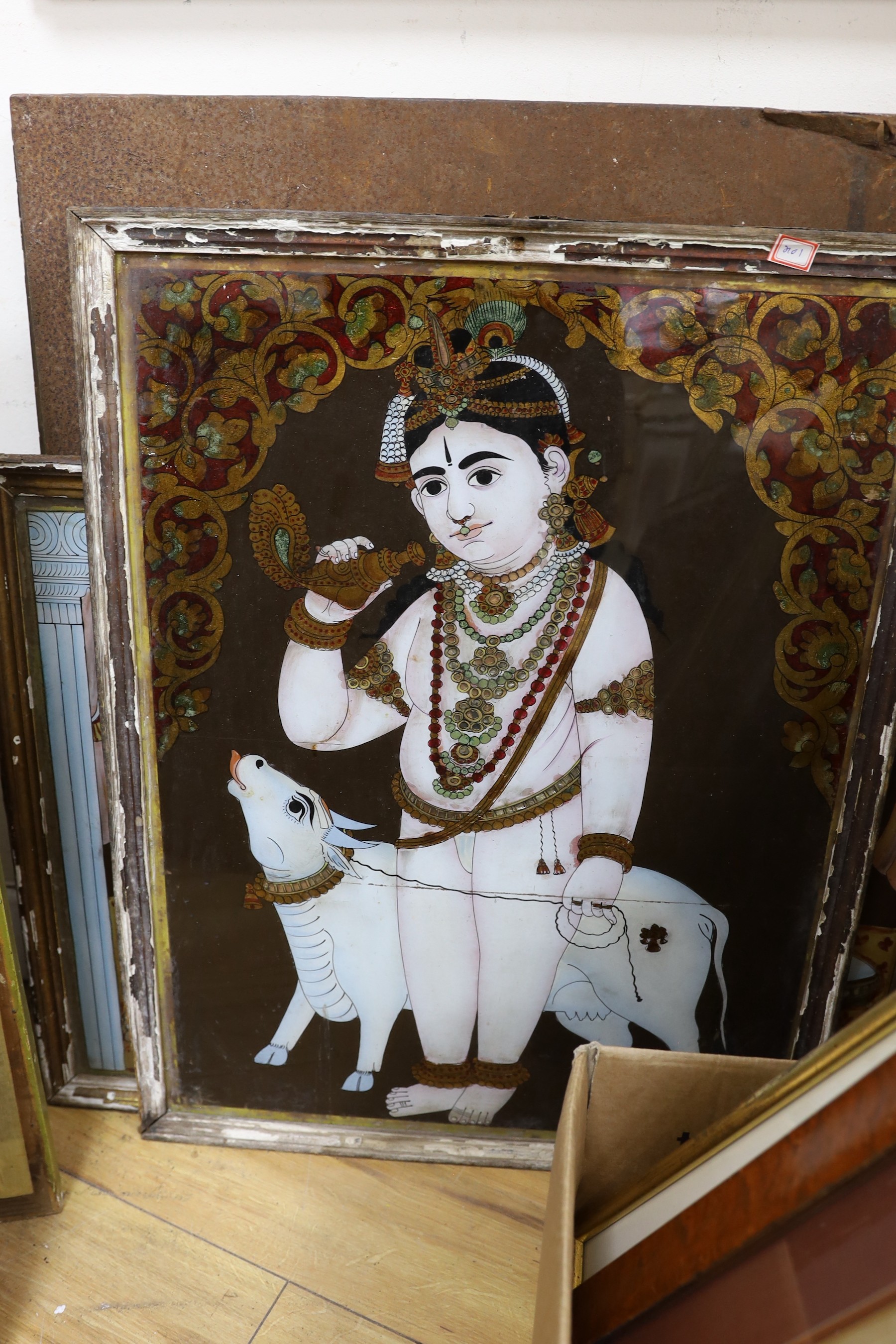 Indian School c.1900, eight reverse paintings on glass, Deities and noblemen, largest 61 x 44cm